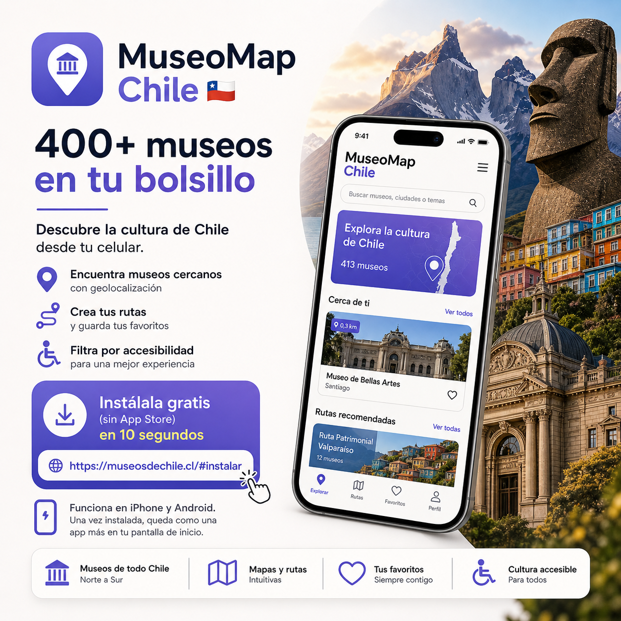 Captura de pantalla de MuseoMap Chile mostrando un mapa interactivo de museos